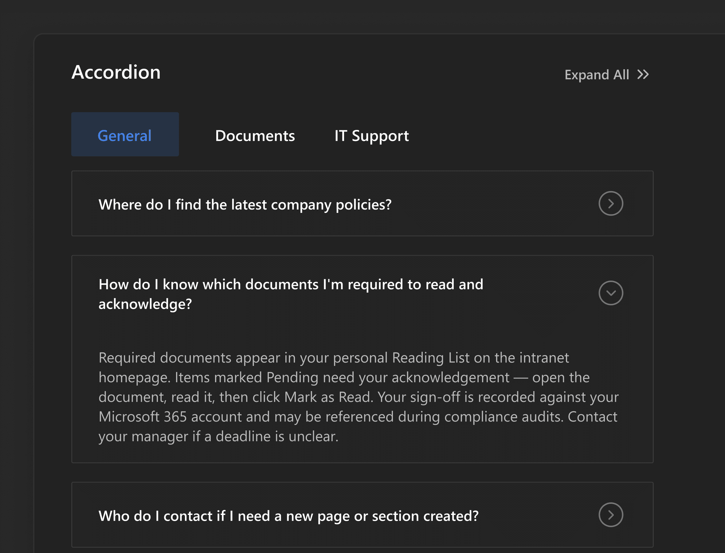 Sprocket Accordion web part with category tabs, an Expand All control and expandable FAQ items