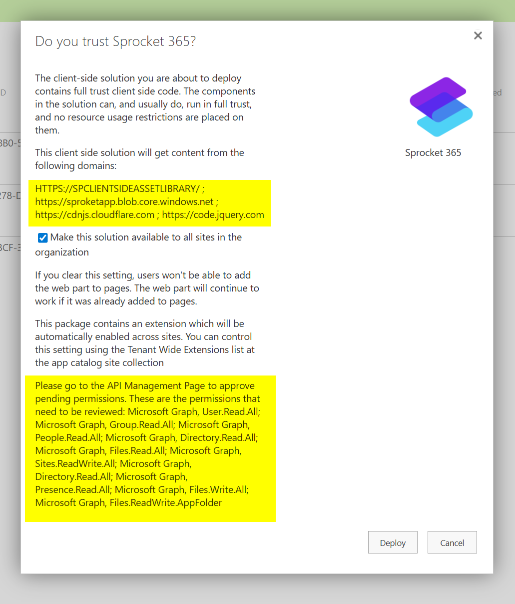 Sprocket trust dialog showing external script domains