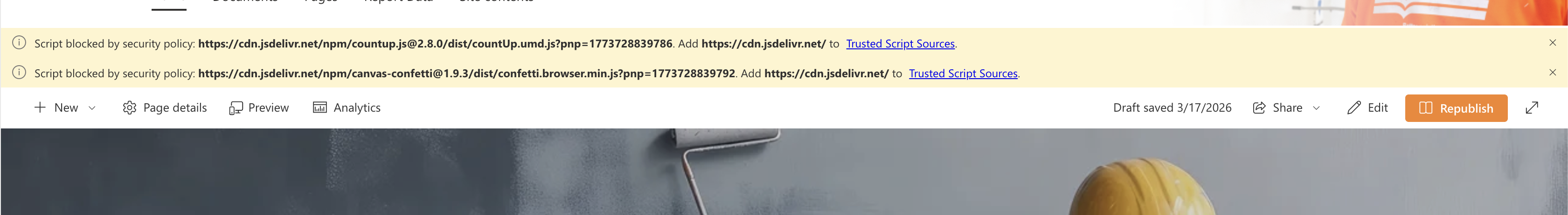 CSP warning alerts displayed on a SharePoint page