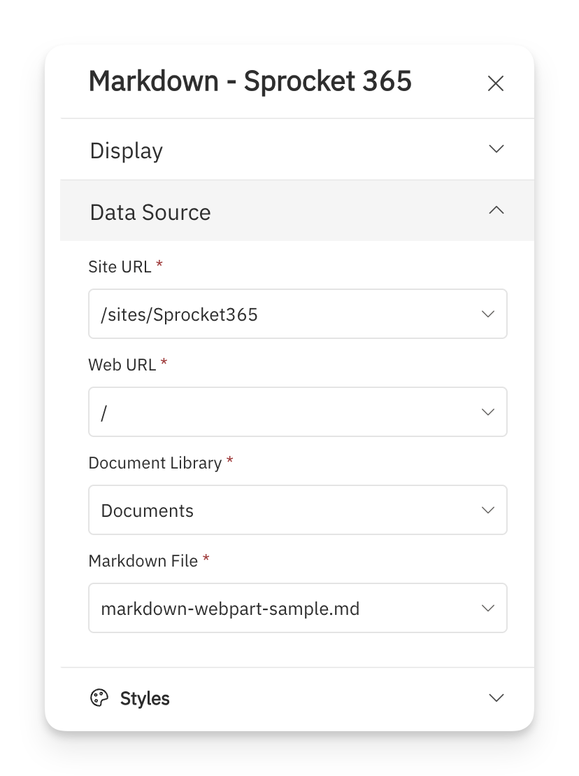 Markdown Data Source settings with the site, web, Documents library and markdown-webpart-sample.md file selected