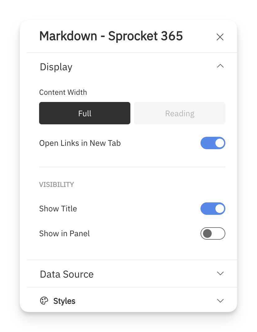 Markdown Display settings showing Full and Reading content widths, links in new tabs, title and panel switches