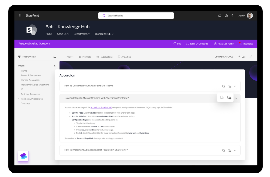 Interface of SharePoint FAQ Web Part showing the Accordion by Sprocket 365 with steps on how to edit the page, add the web part, and configure settings.