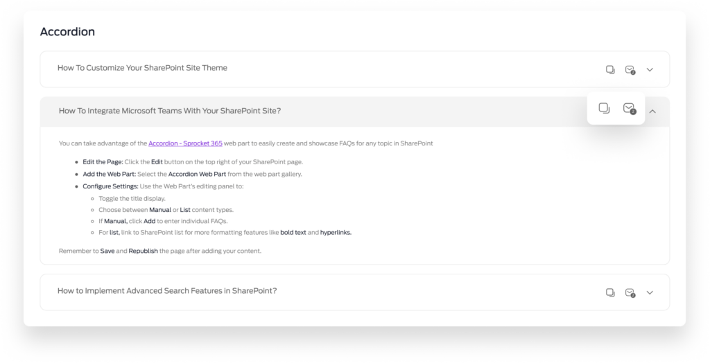 Screenshot showing the use of Accordion Web Part from Sprocket 365 on a SharePoint site, detailing steps for creating collapsible FAQ sections to enhance site usability.