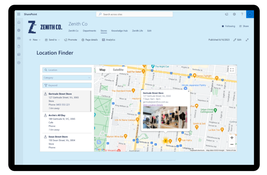 Interactive SharePoint Online map created with Sprocket 365