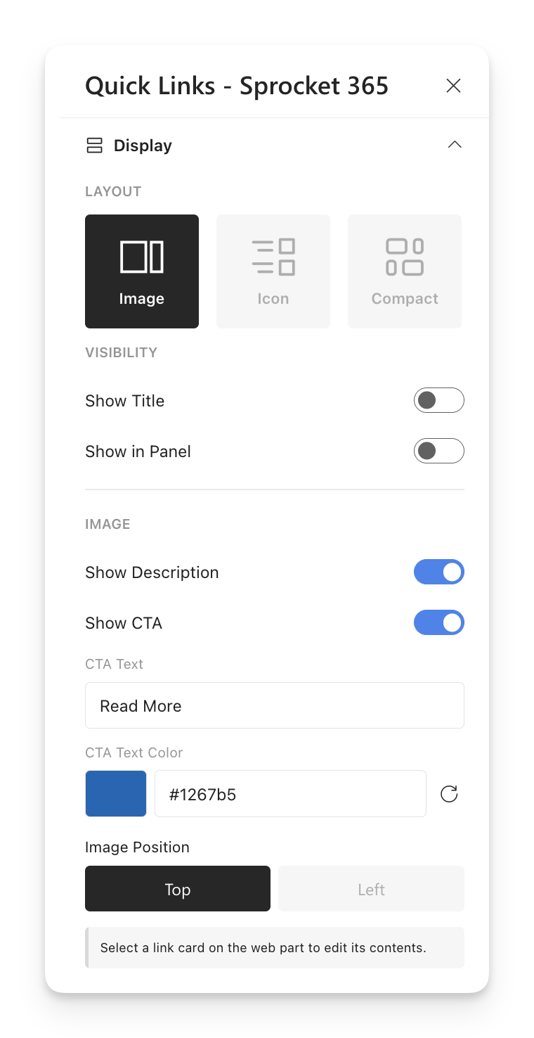 The redesigned Quick Links settings panel, with layout tiles, visibility toggles and call-to-action options