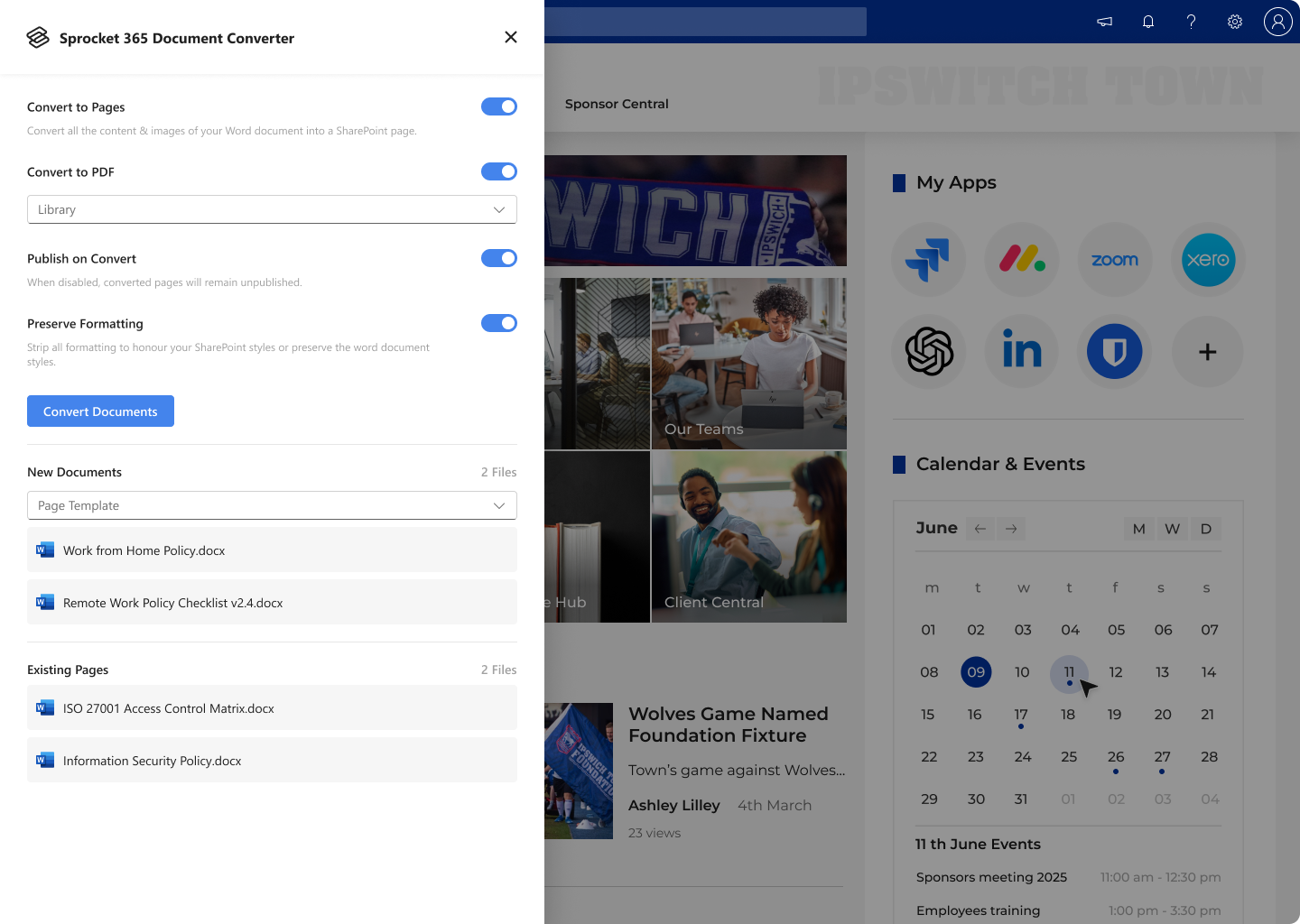 Sprocket Document Converter converting a Word training document into a SharePoint page