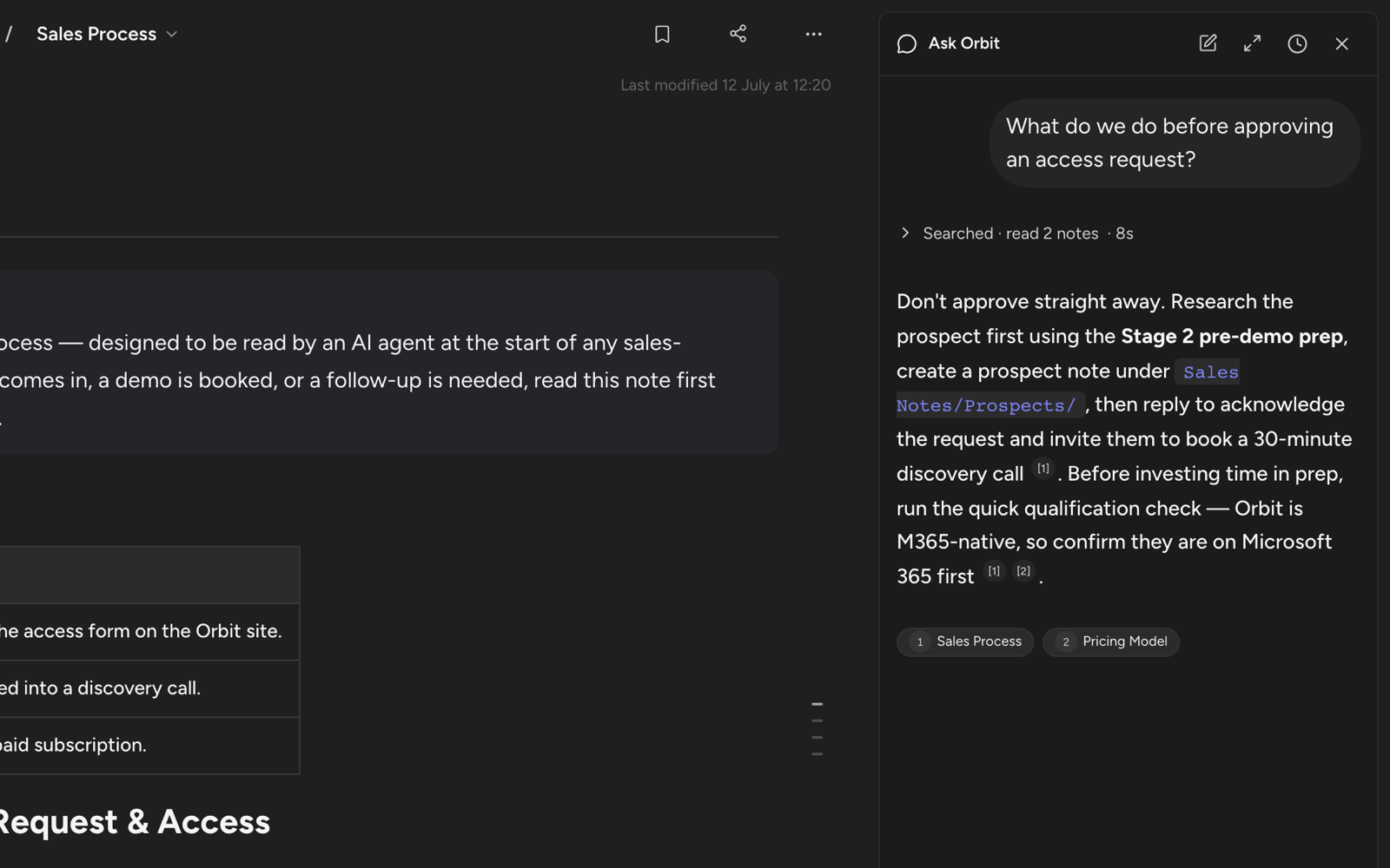 The Ask Orbit panel docked beside a note, answering a question with citations back to the source notes