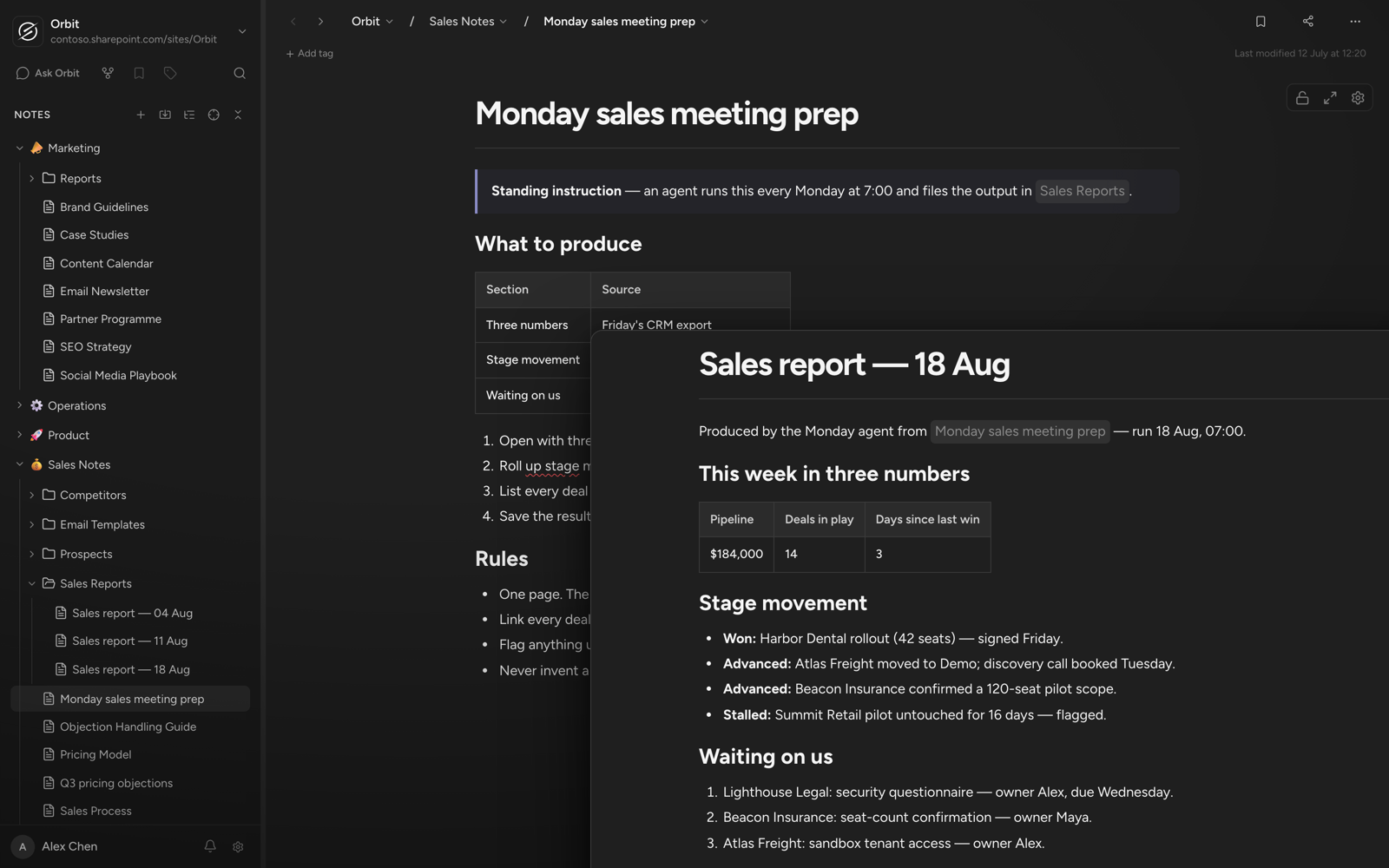 A standing instruction note with one of its outputs layered in front: a dated sales report produced by the Monday agent run