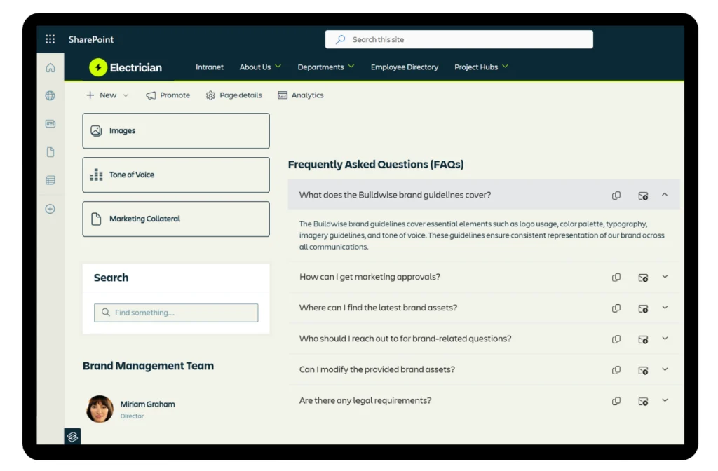 SharePoint Online desktop view highlighting a dropdown FAQ Web Part for 'Frequently Asked Questions' within the Electrician department's intranet page, showcasing the ability to expand and collapse individual questions for efficient information access.