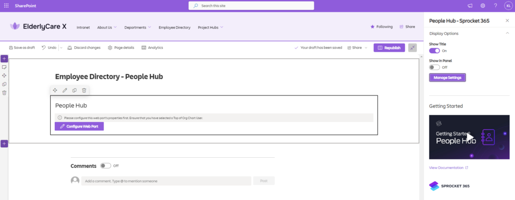 Initial setup screen of the Employee Directory - People Hub in SharePoint with 'Configure Web Part' button, illustrating the first step in customizing an employee directory for a digital workplace.