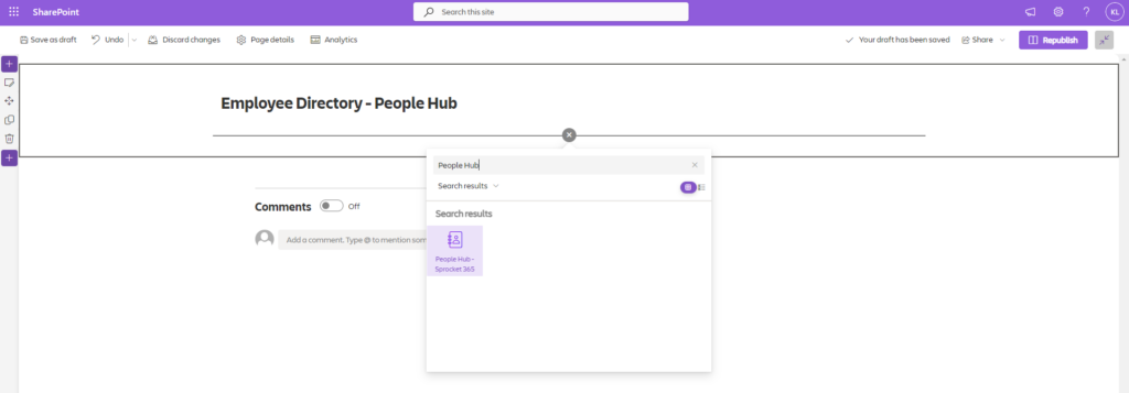 User interface of SharePoint’s People Hub with a search bar prominently displayed for quick navigation within the Employee Directory, exemplifying the search feature's integration.