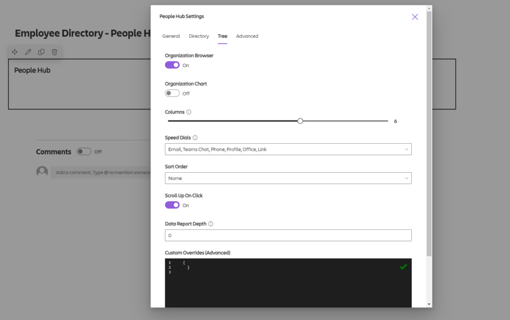 Detailed view of People Hub settings in SharePoint with options for data source selection, organizational chart defaults, and user visibility settings for a custom Employee Directory.
