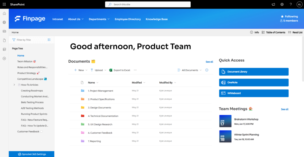 Example of a SharePoint team site interface for a product management team, displayed on a desktop. The screen includes a greeting, 'Good afternoon, Product Team', and a documents section with items like Project Management and Product Specifications. A page tree with a wiki menu on the left shows links for Team Mission, Roles and Responsibilities, and Competitive Landscape.